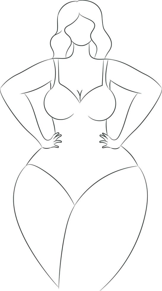 sin rostro curvilíneo hembra en un traje de baño contorno aislado en un blanco antecedentes. cuerpo positivo y hembra belleza. mano dibujado vector Arte