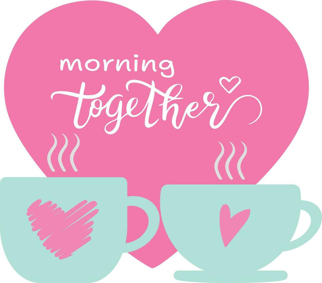 Two coffee mugs side by side. Morning together. Cup with hand drawn hearts on it. Symbolism of love and happiness. Isolated on white background vector