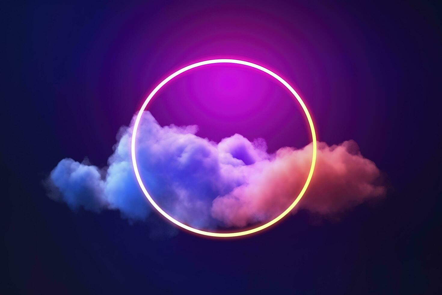 3d render, abstract cloud illuminated with neon light ring on dark night sky. Glowing geometric shape, round frame, generate ai photo