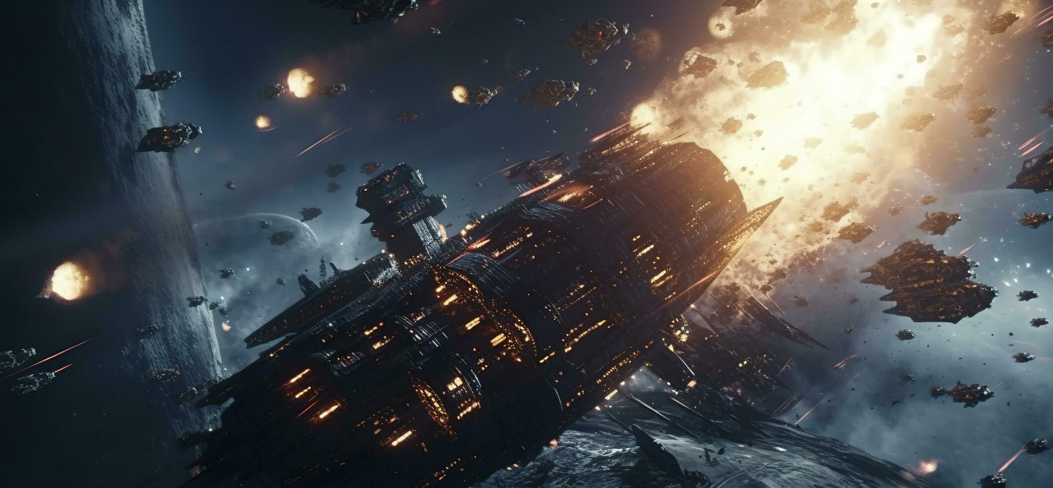 SuperHumanEpoch: Cinematic Still, intense space battle between two massive  battleships, starry sky, nebulae, galaxies, HDR futuristic space battleship  destroyers traveling through an asteroid field, planer in the isolated  blurred background