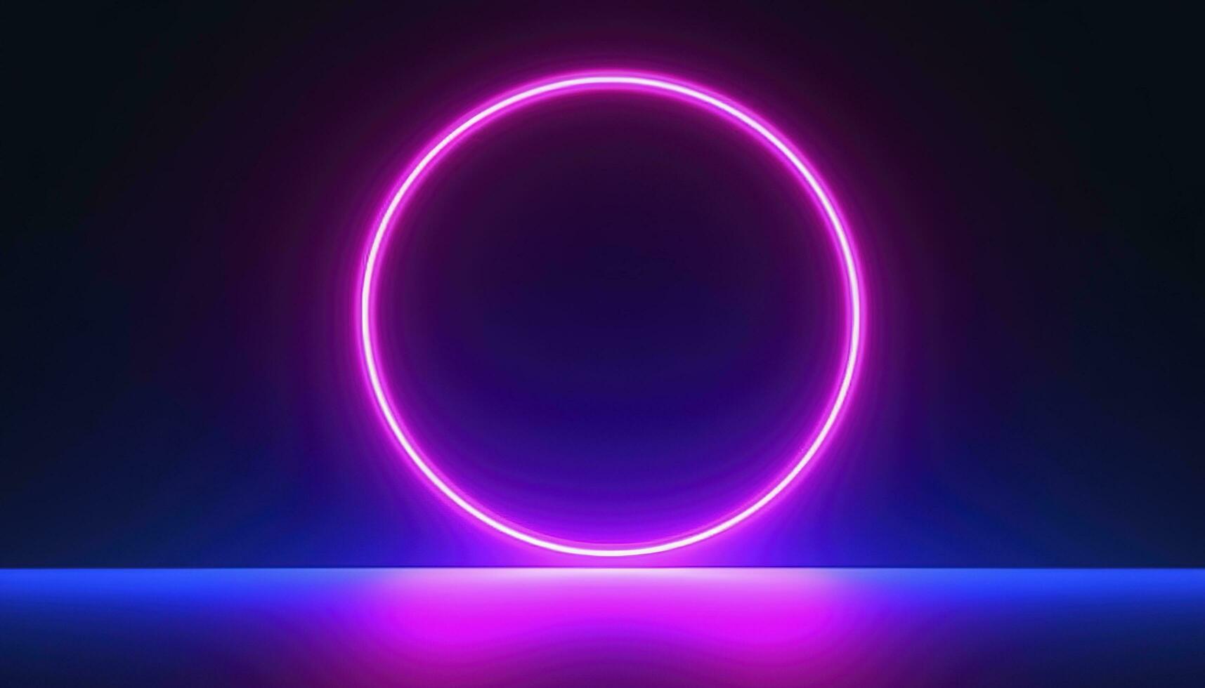 3d render, blue pink neon round frame, circle, ring shape, empty space, ultraviolet light, 80s retro style, fashion show stage, abstract background, generate ai photo
