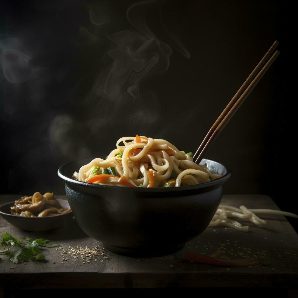 Udon stir fry noodles with chicken and vegetables on black background. hot wok with chicken steaming over plate, generate ai photo