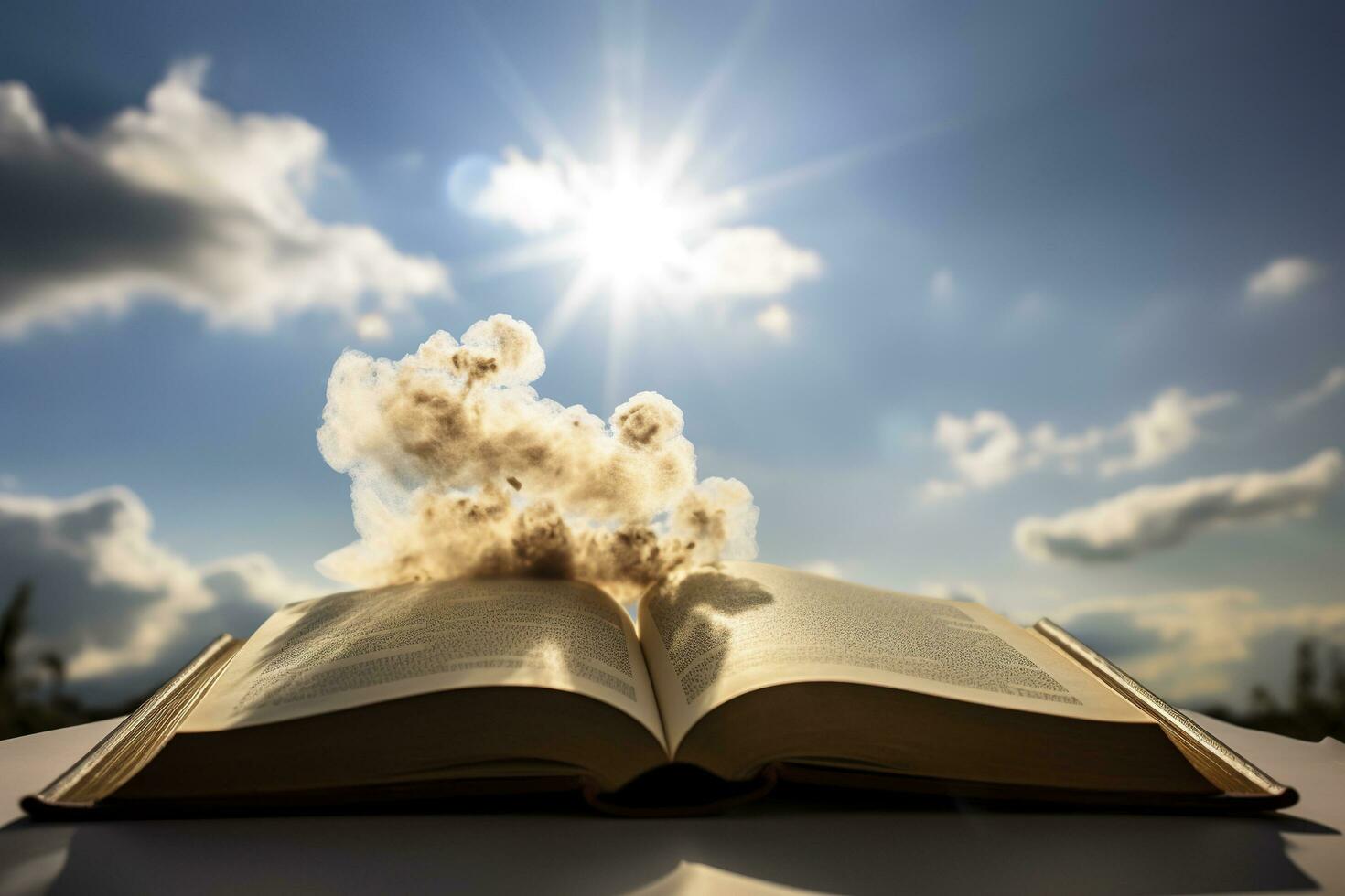 Open Book Bible on wood background outdoor God's promises in daily life, generate ai photo