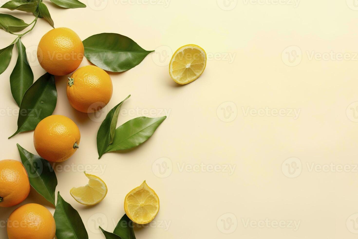 Whole orange yellow tangerines with green leaves on pastel beige background, copyspace. Citrus fruits mandarines as minimal food frame background, empty space, above view, generate ai photo