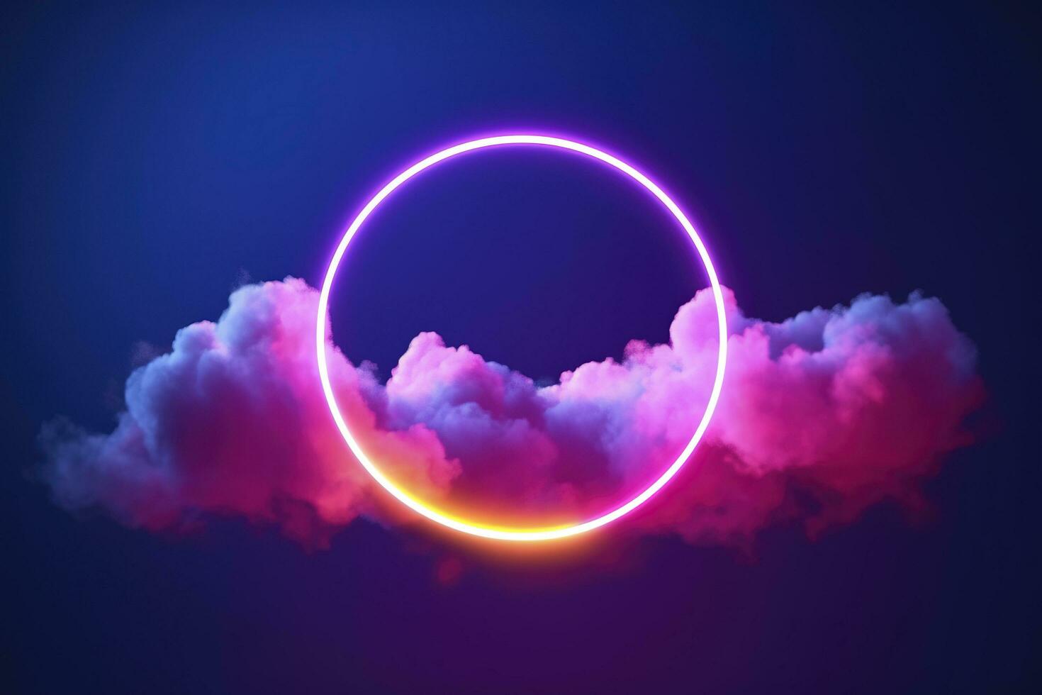 3d render, abstract cloud illuminated with neon light ring on dark night sky. Glowing geometric shape, round frame, generate ai photo