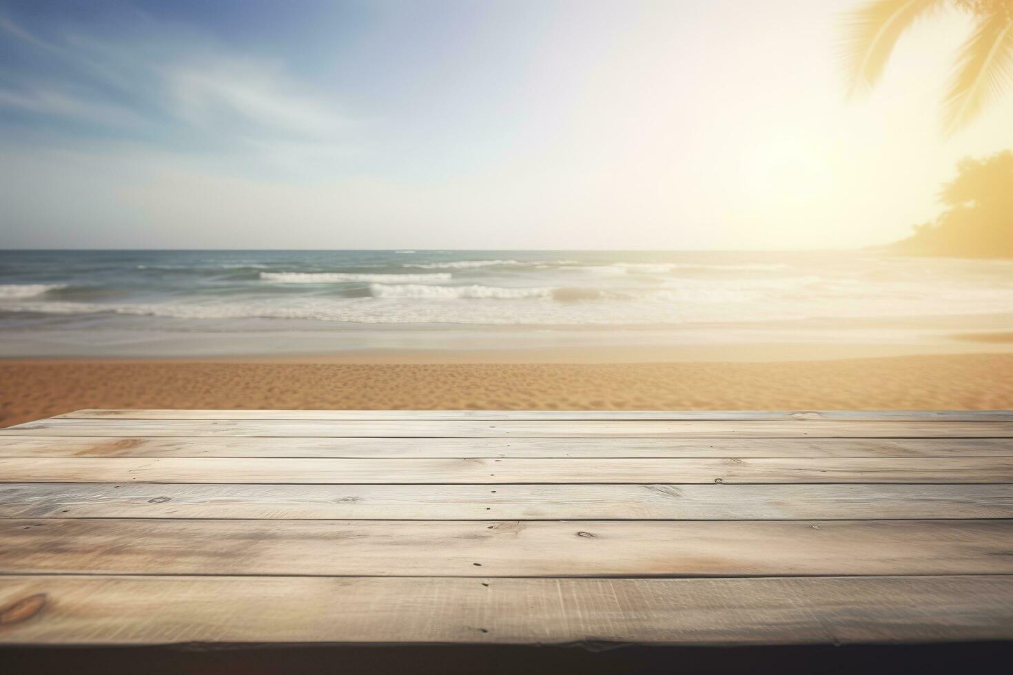 Empty wooden table on a beautiful blured tropical beach background. Summer holiday background for product display, generate ai photo