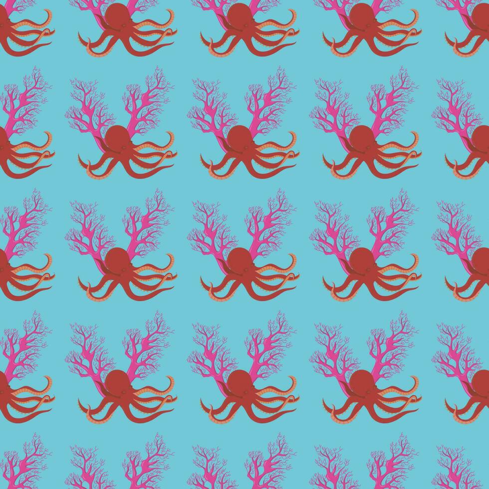 Orange octopus with corals in cartoon style. Seamless pattern. Vector illustration.