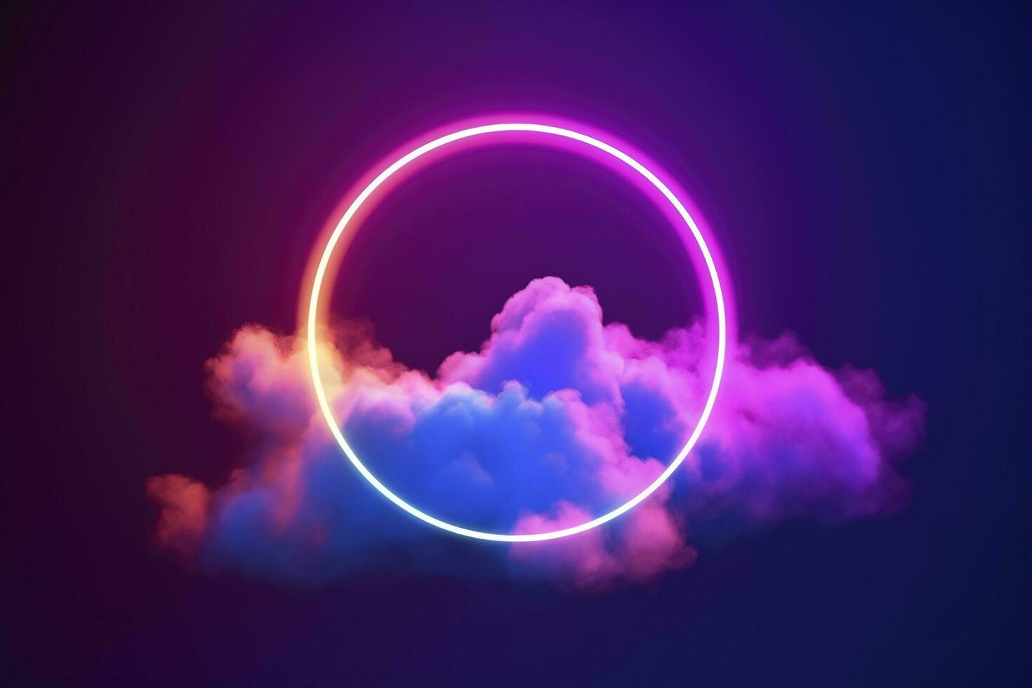 3d render, abstract cloud illuminated with neon light ring on dark night sky. Glowing geometric shape, round frame, generate ai photo