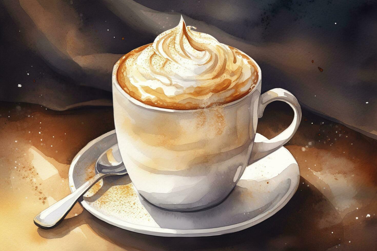 mano dibujado acuarela café con chocolate pastel, capuchino taza con platillo, aislado en blanco antecedentes. delicioso comida ilustración, generar ai foto