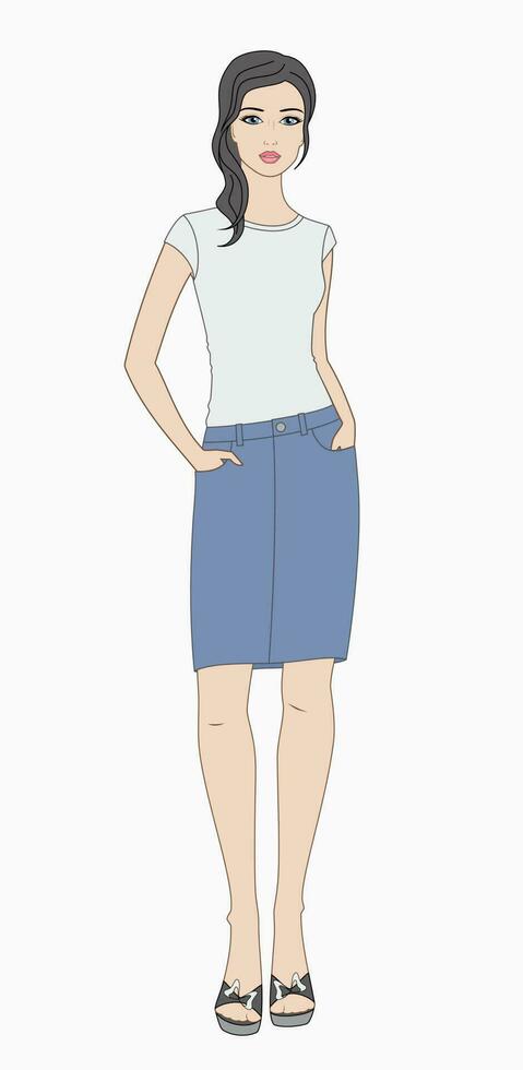 Woman with long hair wearing t shirt and denim skirt. Female silhouette. Vector illustration