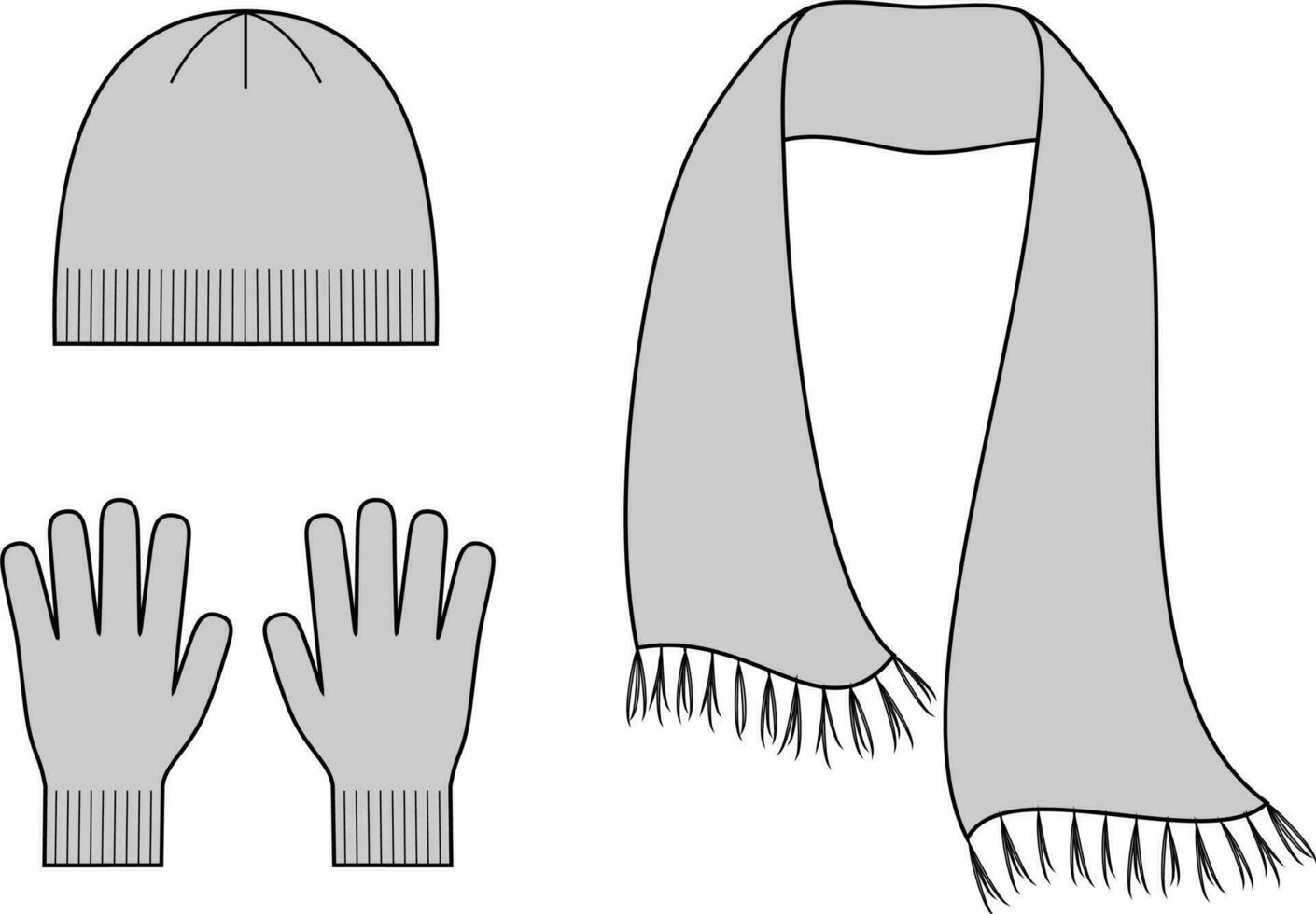 Knitted cap, scarf, gloves. Set. Fashion CAD. Vector illustration.