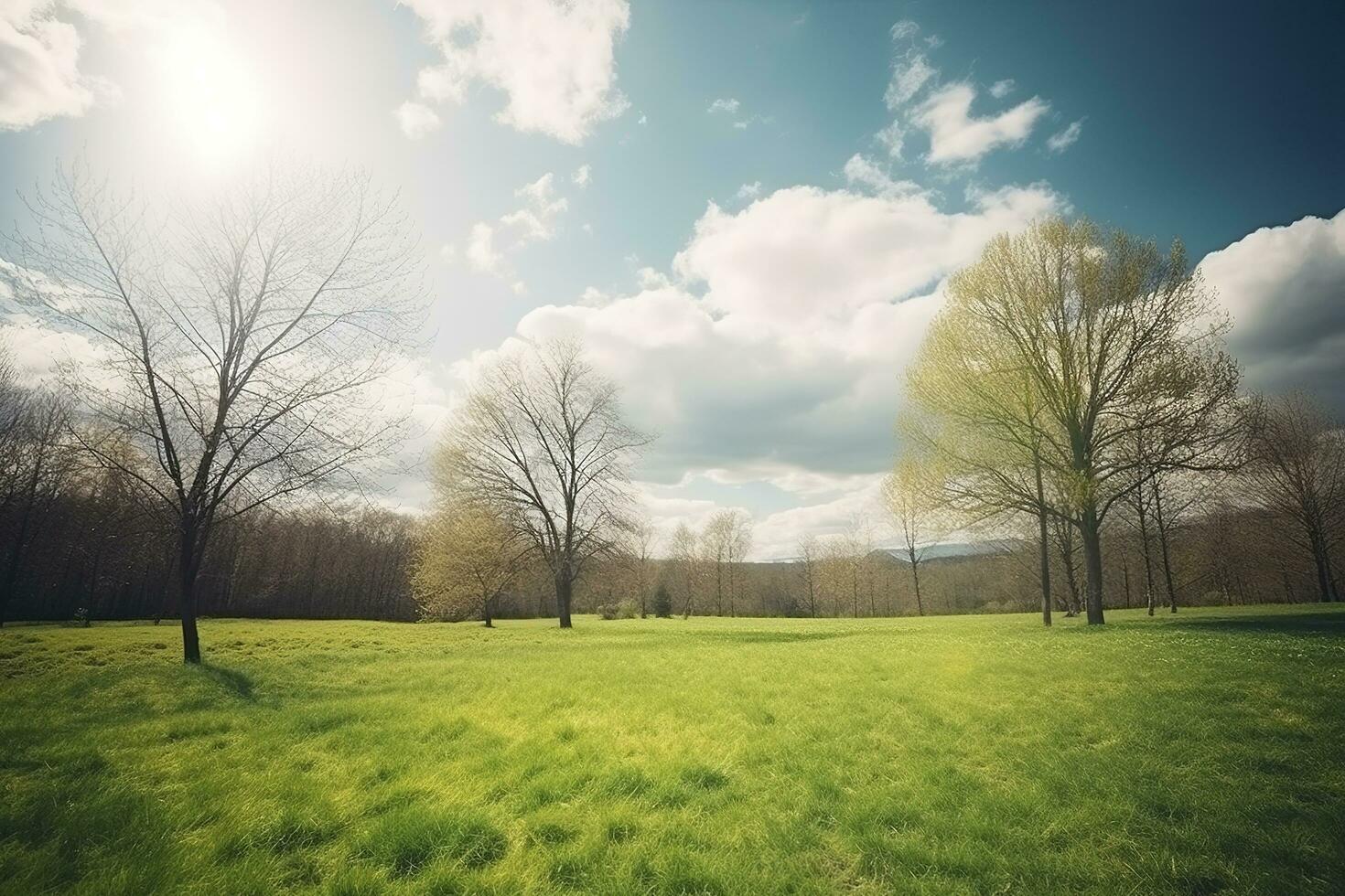 Beautiful blurred background image of spring nature with a neatly trimmed lawn surrounded by trees against a blue sky with clouds on a bright sunny day, generate ai photo