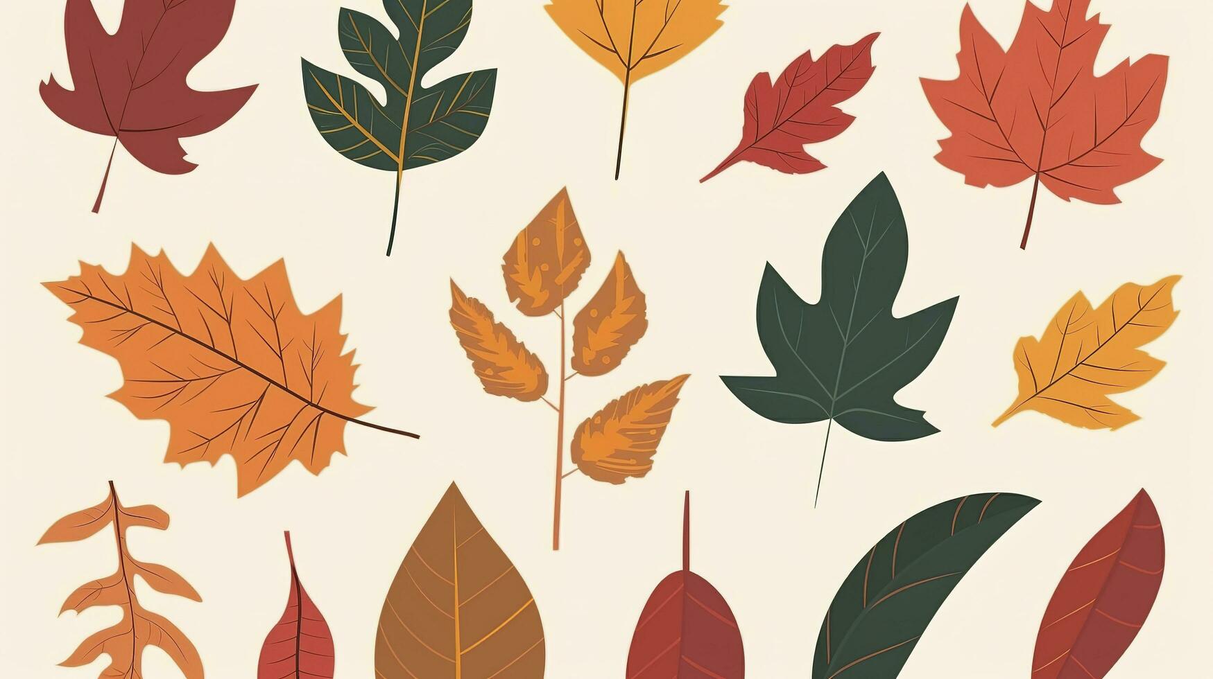 Autumn leaves set. Autumnal yellow leaf, forest nature orange leafage and september red leaves. Chestnut, dog rose and viburnum or foliage leaf. Flat isolated icons, generate ai photo