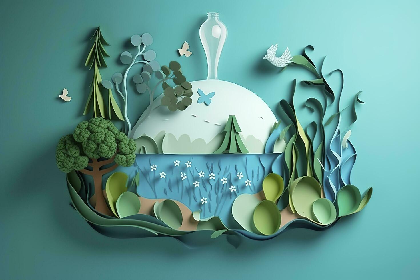 Paper art , Ecology and world water day , Saving water and world Environment day, environmental protection and save earth water , Generate Ai photo