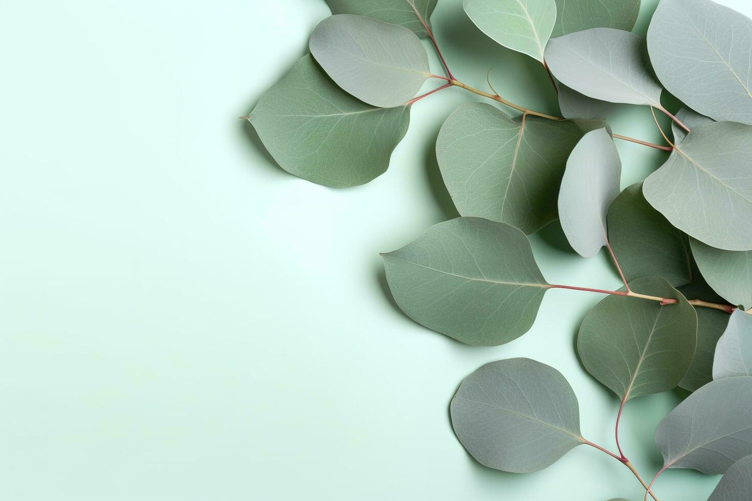 Natural eucalyptus leaves on mint pastel green background. Flat lay floral composition, top view, copy space, generate ai photo
