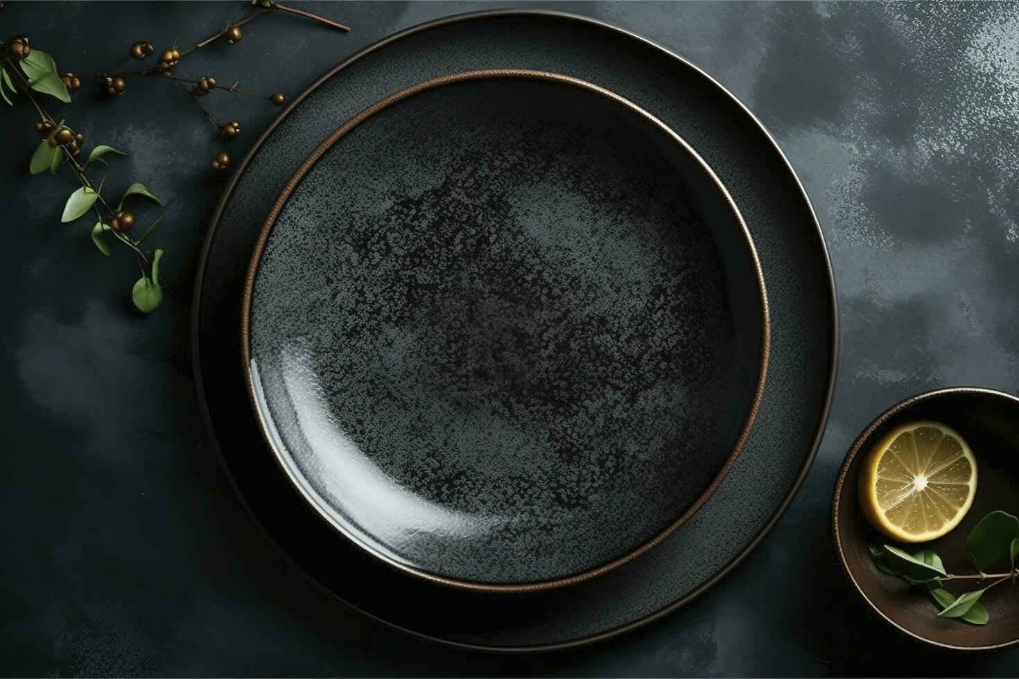 Black craft plate on dark stone table. Top view, copy space, Table setting. background for menu, layout, place for text , recipe background, food flat lay background, generate ai photo