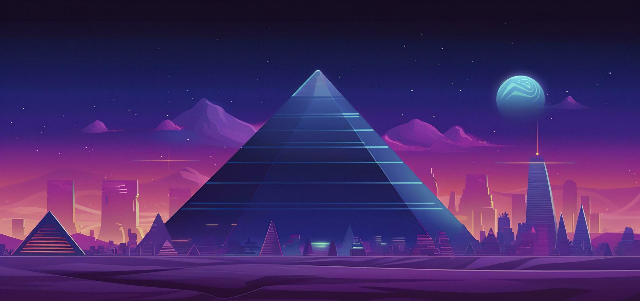 Retro Pyramids on 80s Synthwave Neon Landscape with Glowing Sun - Abstract Background Texture, generate ai photo