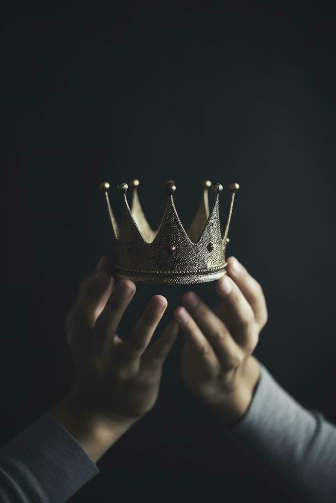 Gold king chess piece win over lying down silver pawn on black background, generate ai photo