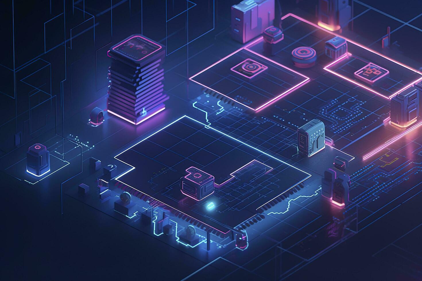 3d isometric of sci-fi cyberpunk city with glowing neon lights at night. digital illustration, generate ai photo