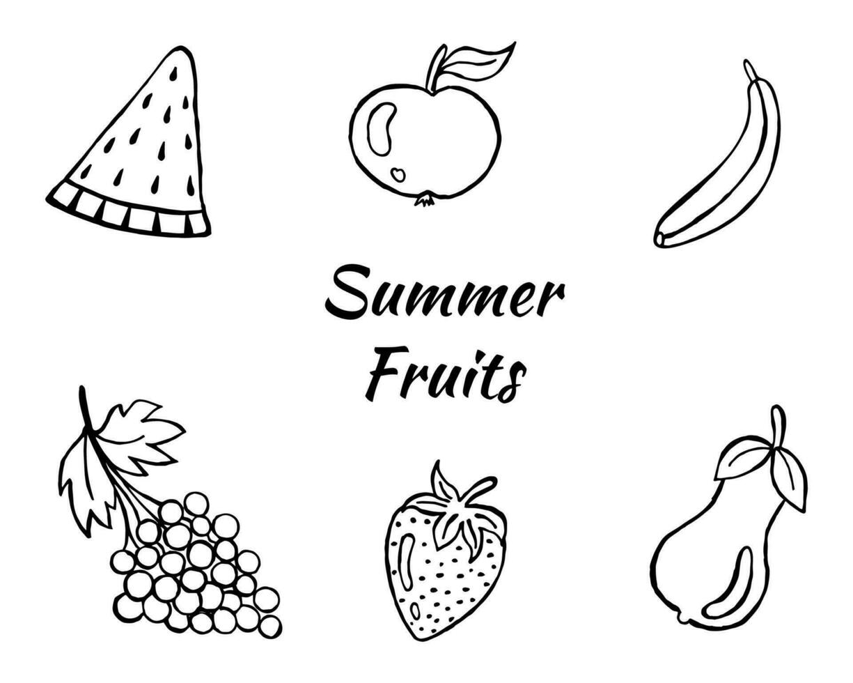 verano Fruta garabatear colocar. vector imagen en un blanco fondo, elementos. sandía, manzana, banana, uvas, fresa, pera.