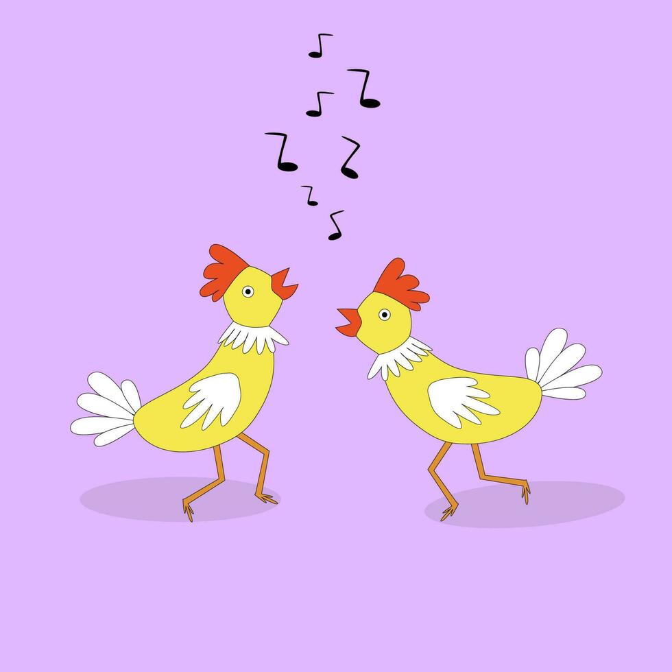 Two cartoon chickens  sing. vector image. Funny image, childish , cute. Melody sign
