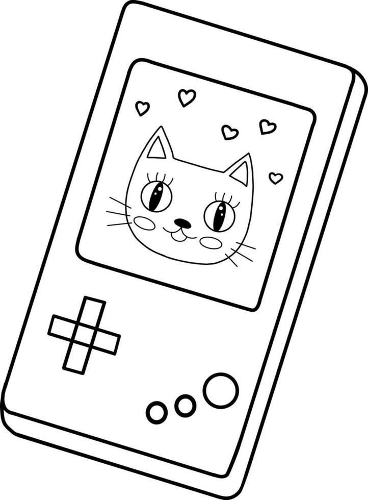Portable game player. Old portable console games. Retro gaming gadget of the 90s. portable classic console game panel with a flat vector illustration design with the image of a cat on the screen.