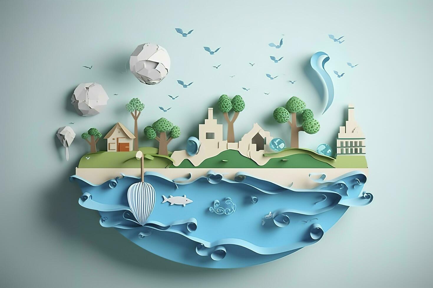 Paper art , Ecology and world water day , Saving water and world Environment day, environmental protection and save earth water , Generate Ai photo