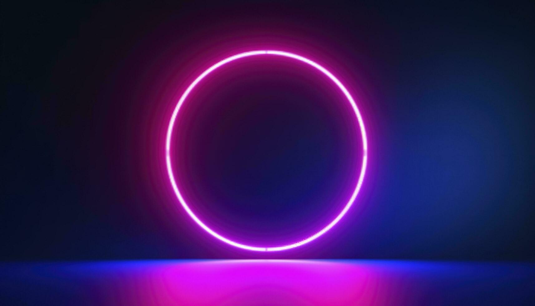 3d render, blue pink neon round frame, circle, ring shape, empty space, ultraviolet light, 80s retro style, fashion show stage, abstract background, generate ai photo