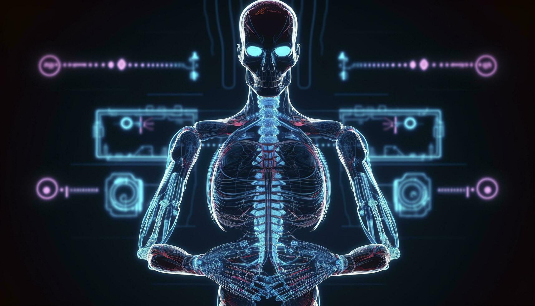 Robot or cyborg programming artificial intelligence in cyberspace data on a large monitor 3d illustration, generate ai photo