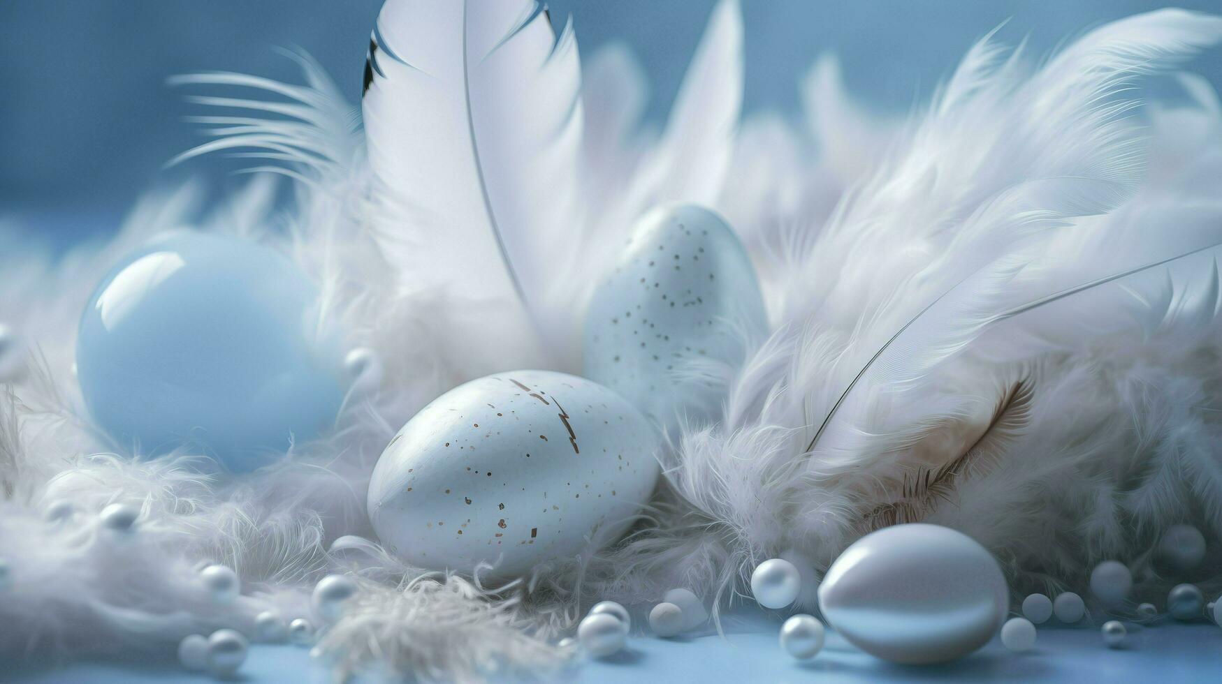 a bright blue background with one white Down feathers and eggs, in the style of soft and dreamy pastels, glimmering light effects, nature-inspired imagery, generat ai photo