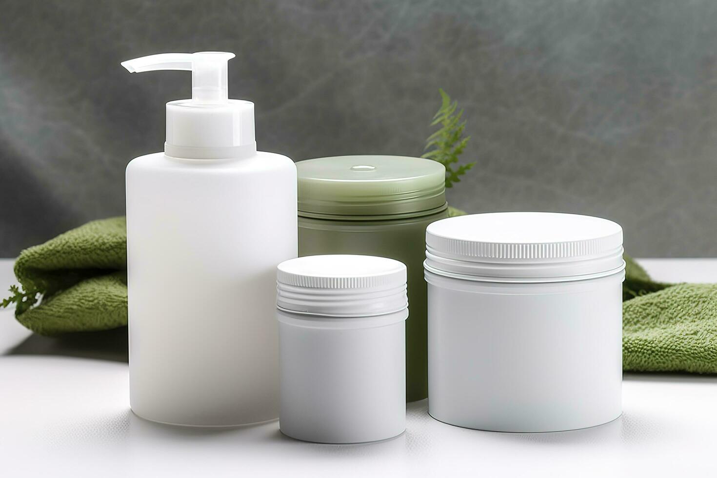 Cosmetic containers, blank label package for branding mock-up. Moisturizing cream, liquid soap or shampoo, tonic, face and body skin care. Natural green organic beauty product, generate ai photo