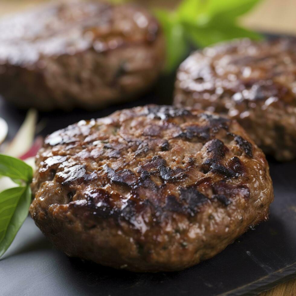 Tasty grilled hamburger patties with seasonings on wooden table, closeup, generate ai photo