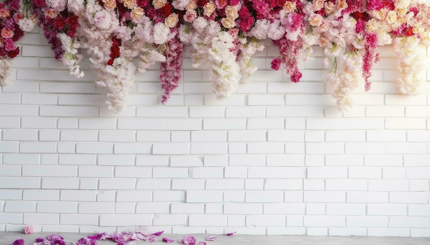 Flower texture background for wedding scene. Flowers on white brick wall with free space for text. Wedding or party decoration. Floral arrangement, floristics setting, generate ai photo