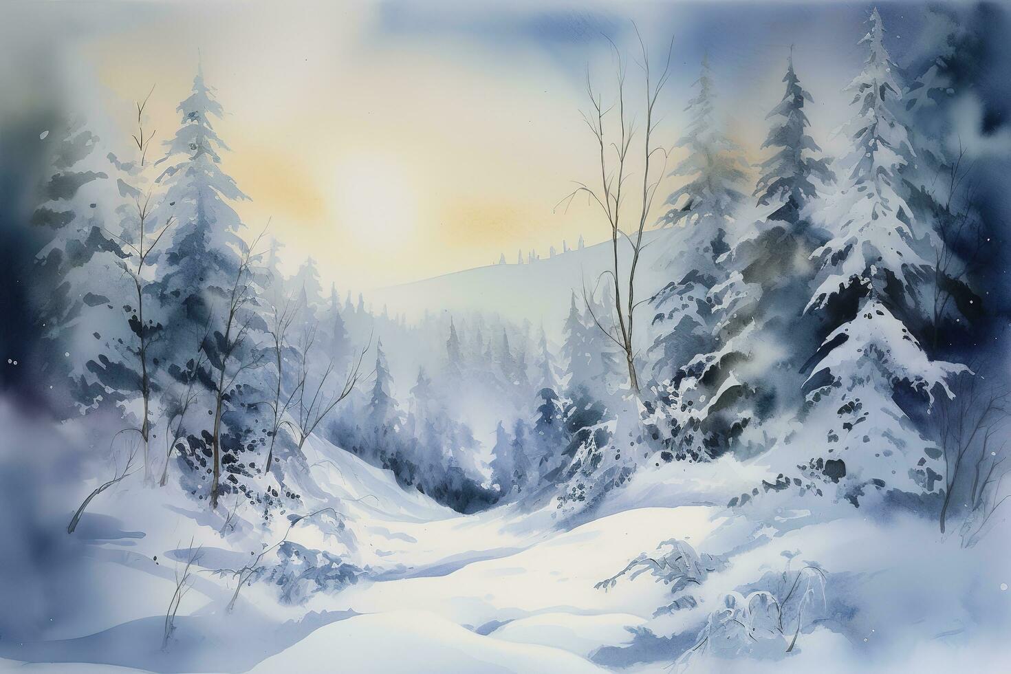 pintar un acuarela paisaje de un invierno escena, presentando un cubierto de nieve bosque o montañas, y intrincado detalles de copos de nieve, hielo, y congelado arroyos, generar ai foto