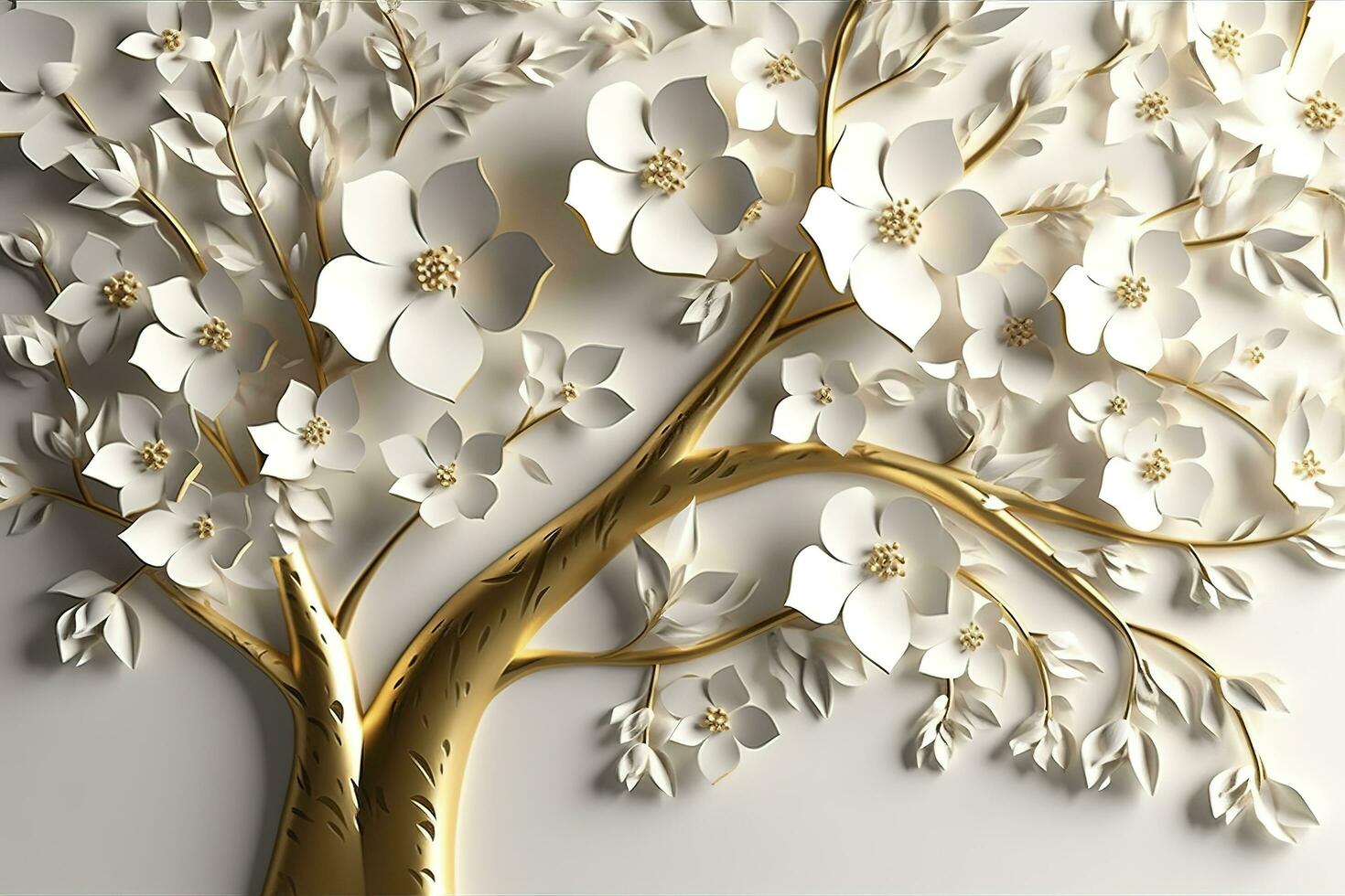 3d wallpaper floral tree background with white flower leaves and golden stem. interior wall home decor, generate ai photo