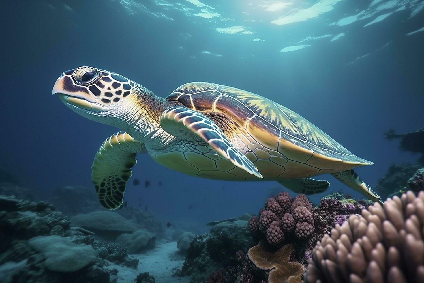 Sea turtle swimming the undersea, Beautiful Underwater and colorful coral in the wild nature of the Pacific Ocean Generate Ai photo