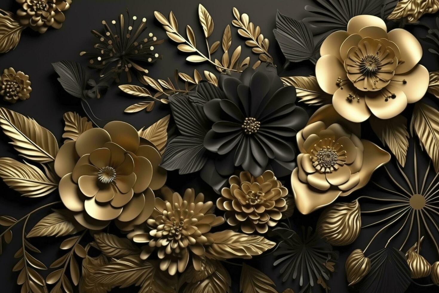 3d mural floral wallpaper. golden and black flowers and leaves. 3d render background wall decor, generate ai photo