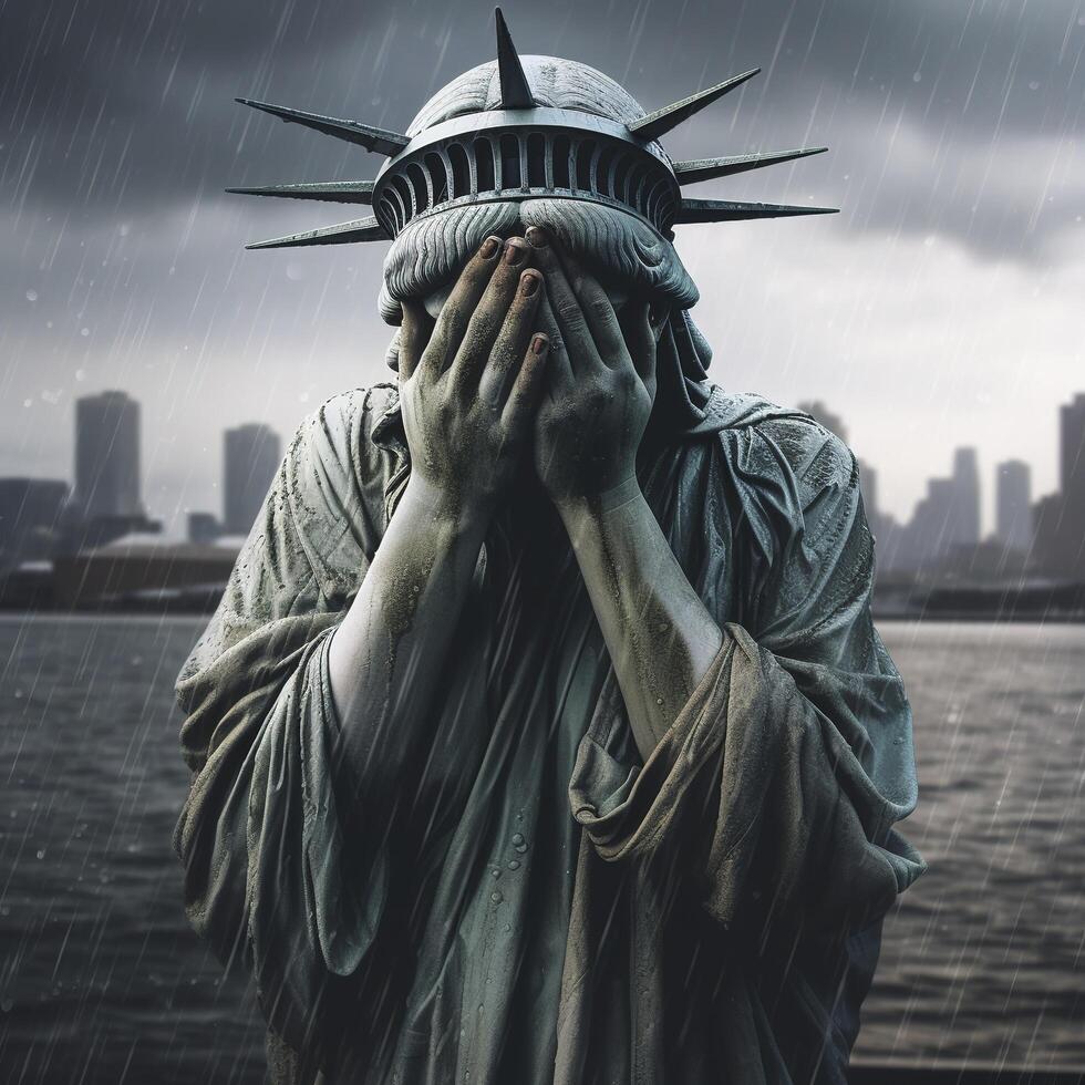 Statue of liberty crying with her hands covering her face, raining