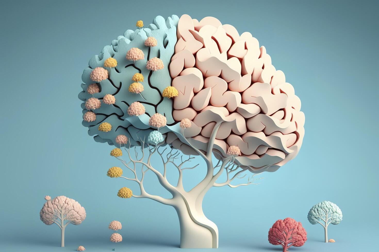 humano cerebro árbol con flores, yo cuidado y mental salud concepto, positivo pensamiento, creativo mente, generativo ai foto