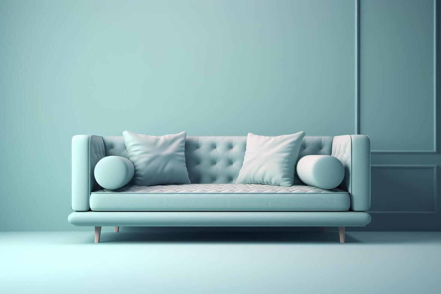 Soft blue sofa on a blue background, 3D illustration, Modern minimalistic living room interior detail. Cosiness, social media and sale concept, creative advertisement idea, image. photo