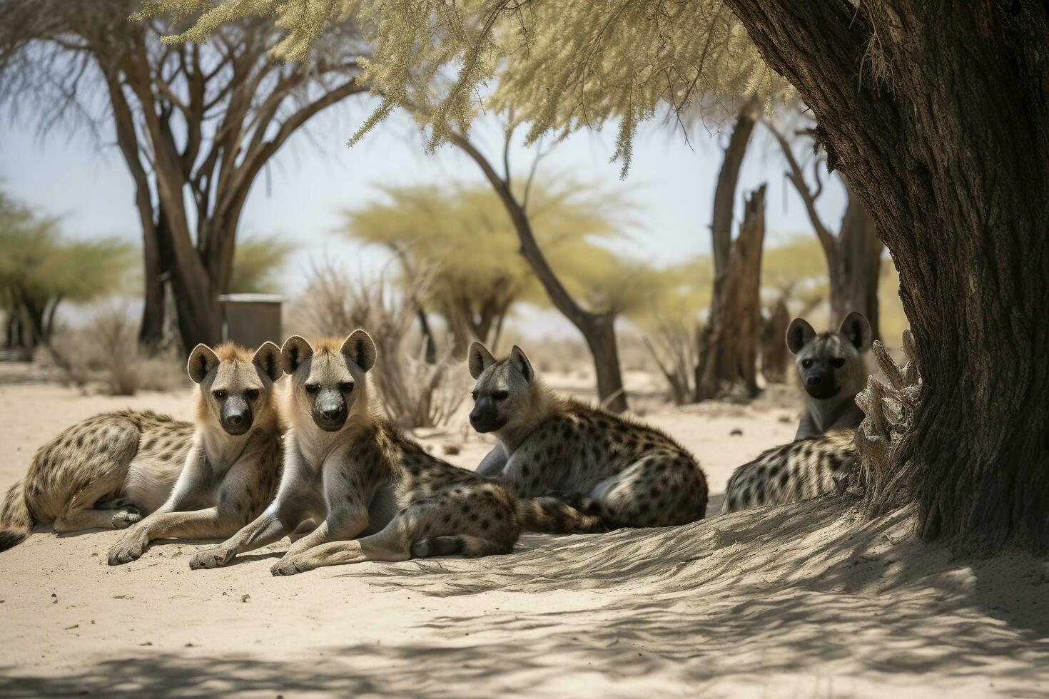 un joven manchado hiena cachorro descansando en el sombra , generar ai foto