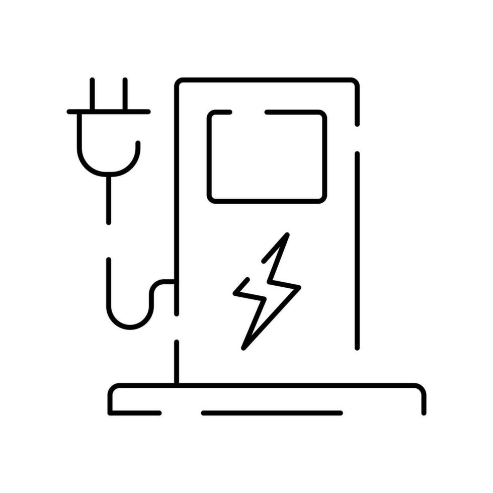 eléctrico coche línea icono. eléctrico automóvil cable contorno y enchufe cargando negro símbolo. eco simpático electro auto vehículo concepto. vector electricidad ilustración.