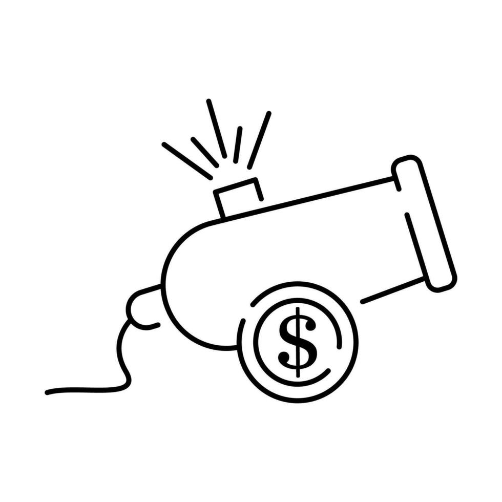 City economic damage icon. Outline city economic damage vector icon for web design isolated on white background. Cannon gun dollar.