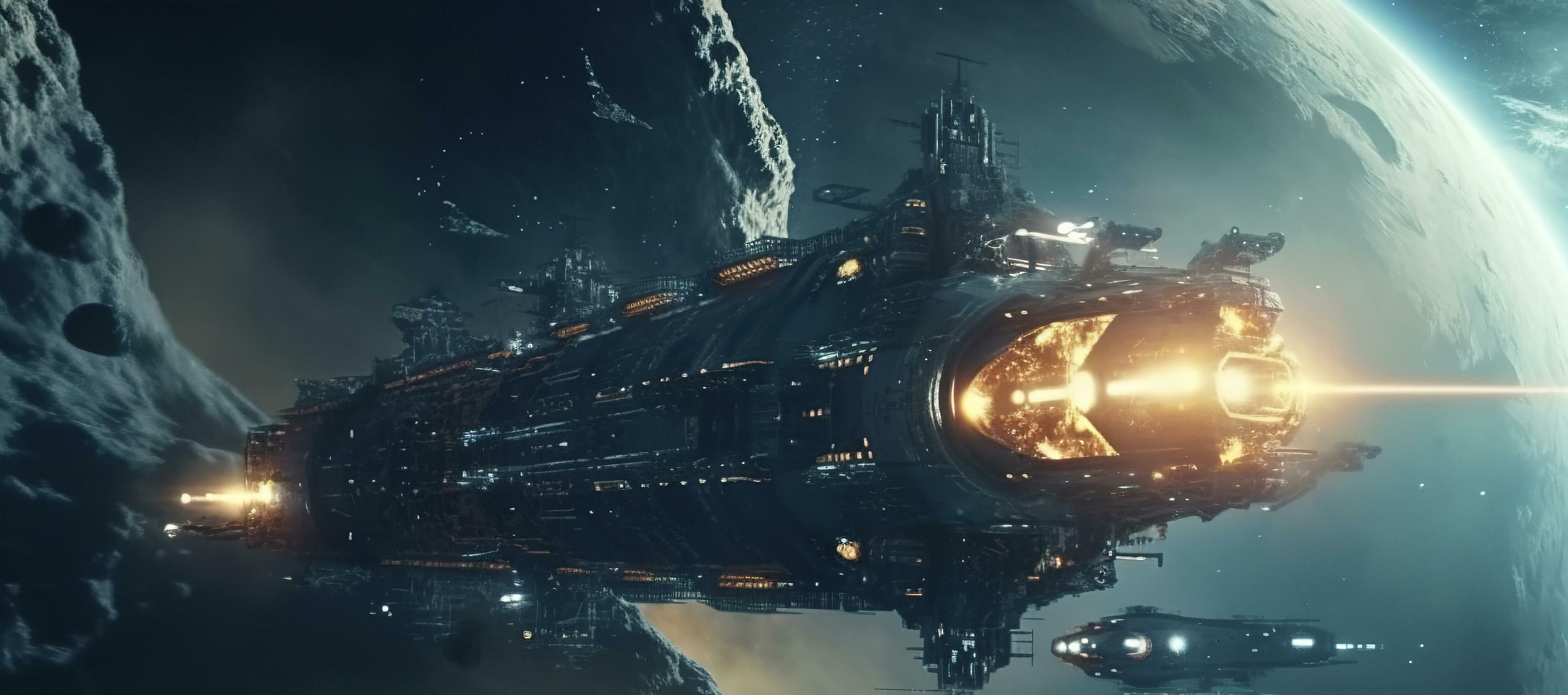 SuperHumanEpoch: Cinematic Still, intense space battle between two massive  battleships, starry sky, nebulae, galaxies, HDR futuristic space battleship  destroyers traveling through an asteroid field, planer in the isolated  blurred background