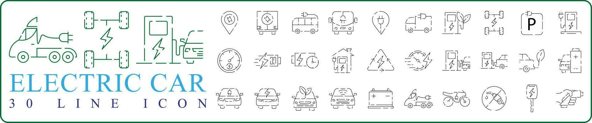 conjunto de eléctrico coche línea icono, verde coche icono logo diseño vector concepto. híbrido auto, enchufe cargando, eco amigable.