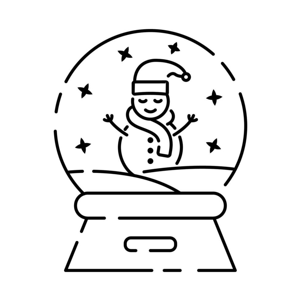 One line crystal snow globe with xmas theme. Christmas or new year snow globe icon. Glass ball for winter xmas holiday concept in simple linear style. Snowflake and snowman. vector