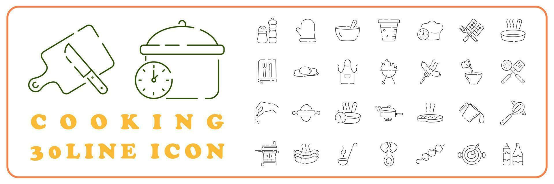 Cooking Foods and Kitchen outline icons set. Restaurant cook, barbecue and picnic for eat meal. vector