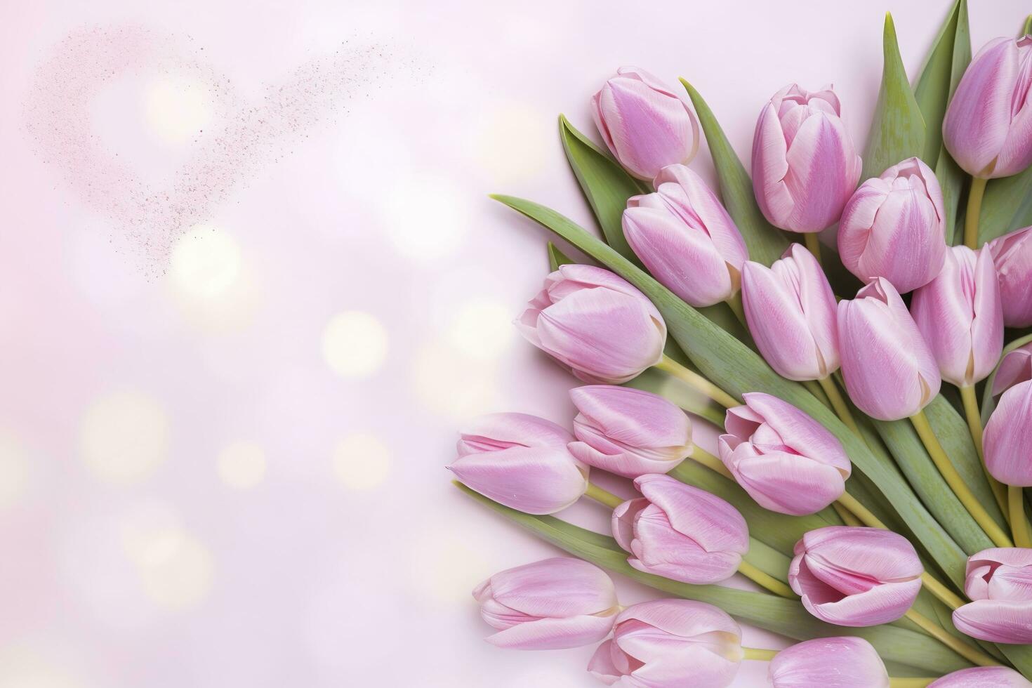 Wooden pink background with fresh spring tulips and empty copy space heart shape decoration made of wood , generate ai photo