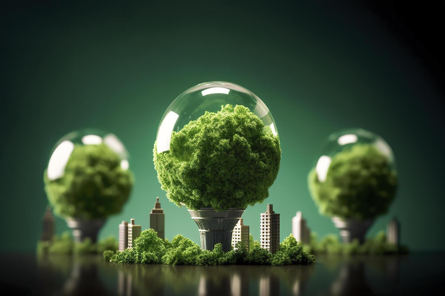 Energy consumption and CO2 gas emissions are increasing light bulbs with green eco city, Renewable energy by 2050 Carbon neutral energy, Save energy creative idea concept, . photo