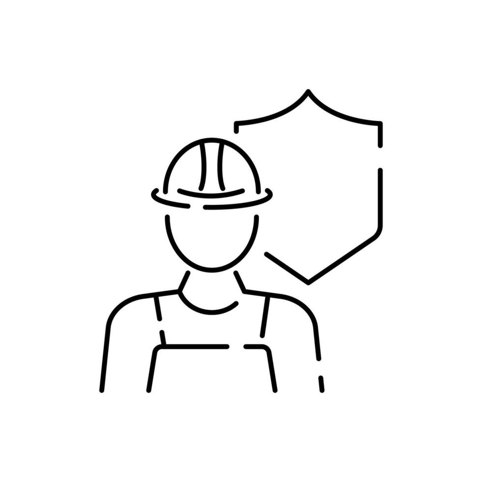Workers insurance. Construction workers in hard hat and jumpsuit, builders in uniform, contractor man, manual labor, vector mono line icon. Save and protect.